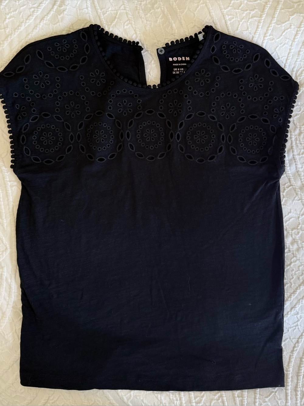 Boden Black Eyelet Tank Top with Pom Trim